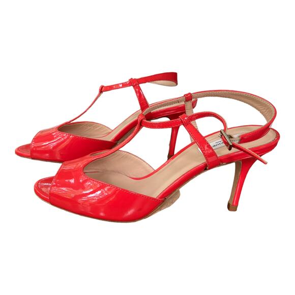NEW LK Bennett London Quinn Heels Sandal T-Strap Peep Toe Red-Orange Size 37 - Picture 1 of 7